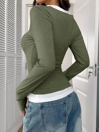 Fake-Two-Piece Color Blocked Stretch Long Sleeves Top