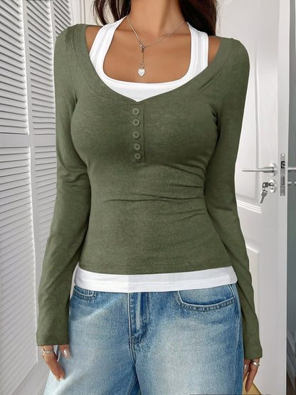 Fake-Two-Piece Color Blocked Stretch Long Sleeves Top