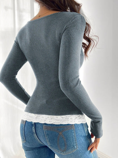 Colorblock Lace Patchwork Long Sleeves Blouse