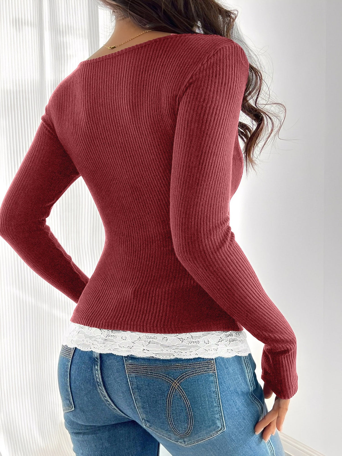 Colorblock Lace Patchwork Long Sleeves Blouse