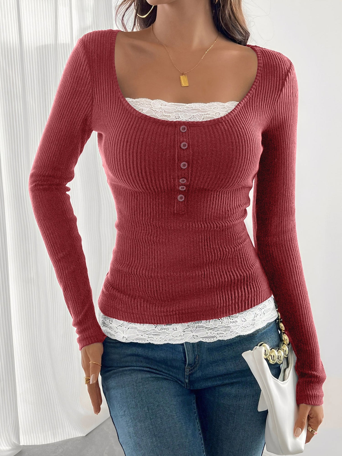 Colorblock Lace Patchwork Long Sleeves Blouse