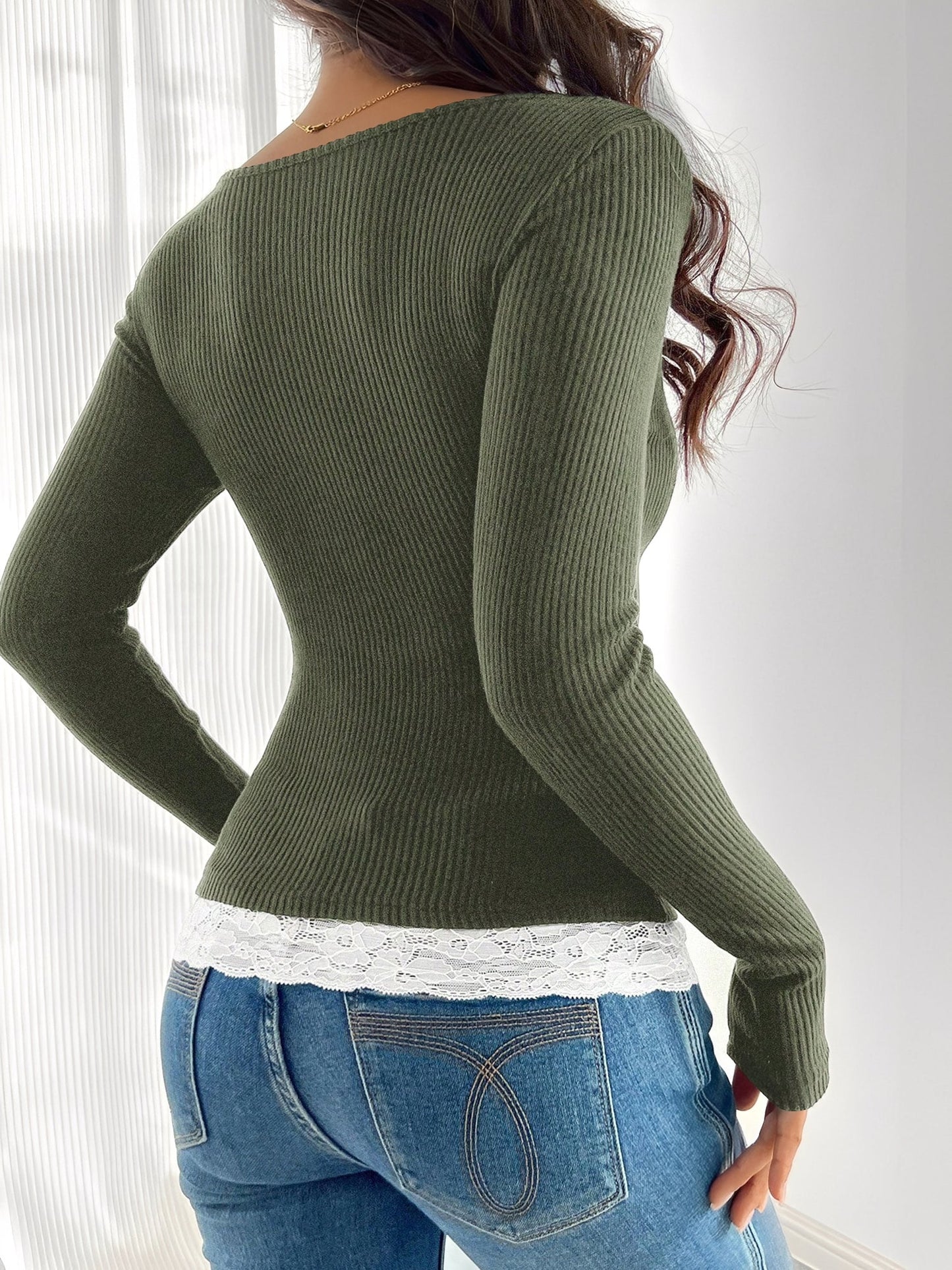 Colorblock Lace Patchwork Long Sleeves Blouse