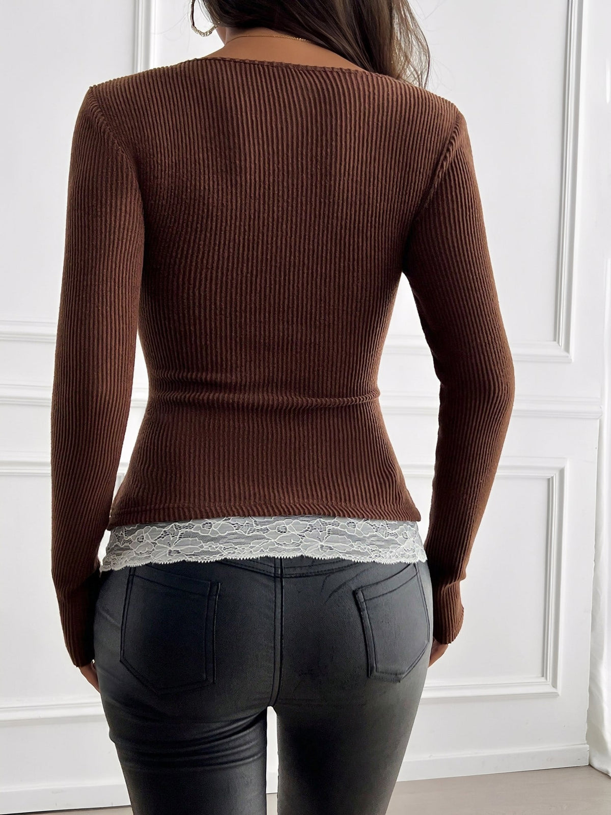 Colorblock Lace Patchwork Long Sleeves Blouse
