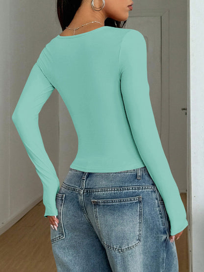 Y2K Style Solid Color U Neck Long Sleeve Tops