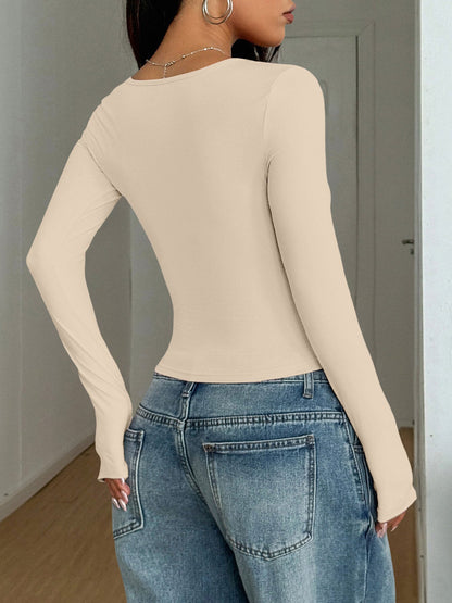 Y2K Style Solid Color U Neck Long Sleeve Tops
