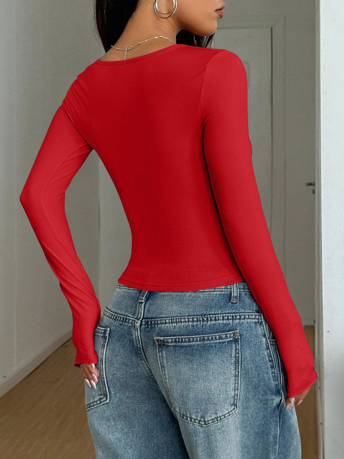 Y2K Style Solid Color U Neck Long Sleeve Tops