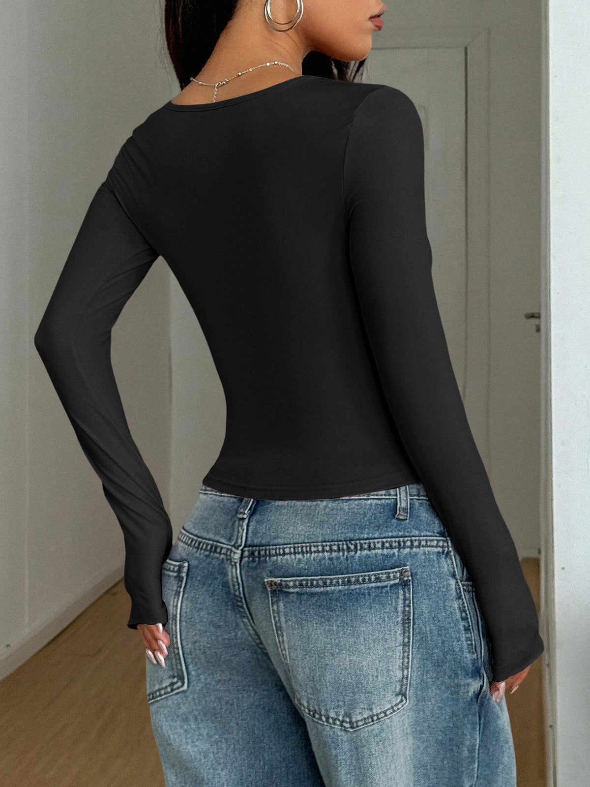 Y2K Style Solid Color U Neck Long Sleeve Tops