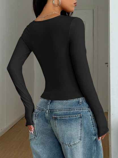 Y2K Style Solid Color U Neck Long Sleeve Tops
