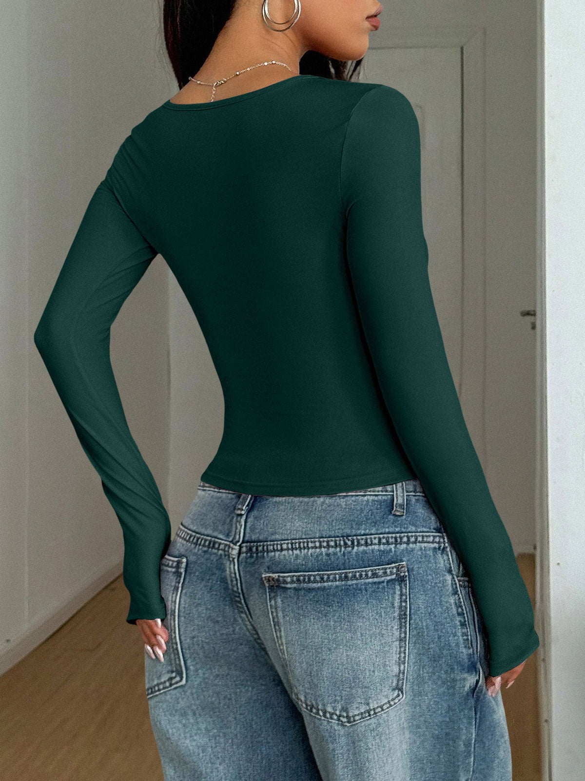 Y2K Style Solid Color U Neck Long Sleeve Tops