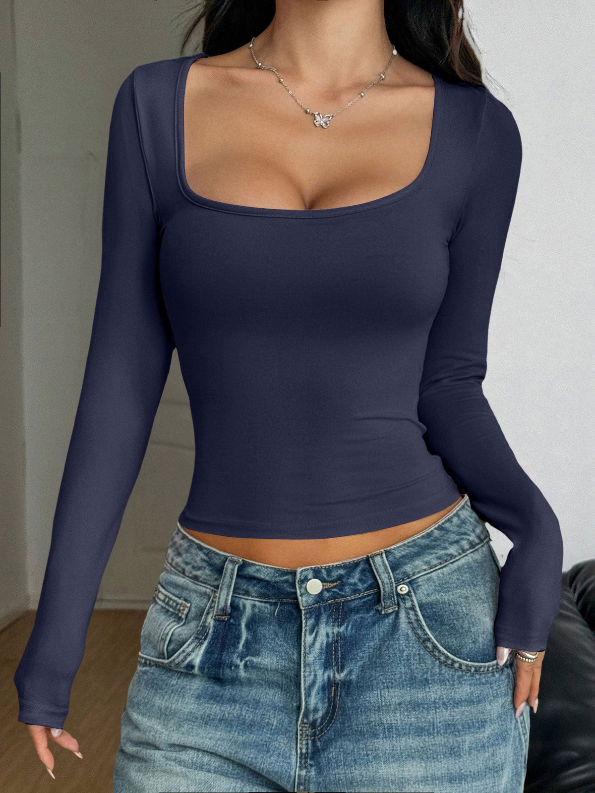 Y2K Style Solid Color U Neck Long Sleeve Tops