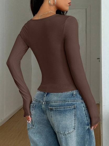 Y2K Style Solid Color U Neck Long Sleeve Tops