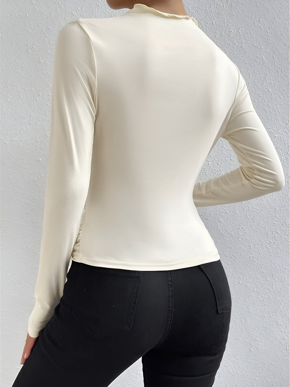 Solid Color Ruched Long Sleeves Slim Fit Blouse