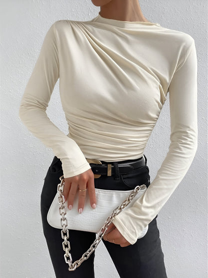 Solid Color Ruched Long Sleeves Slim Fit Blouse