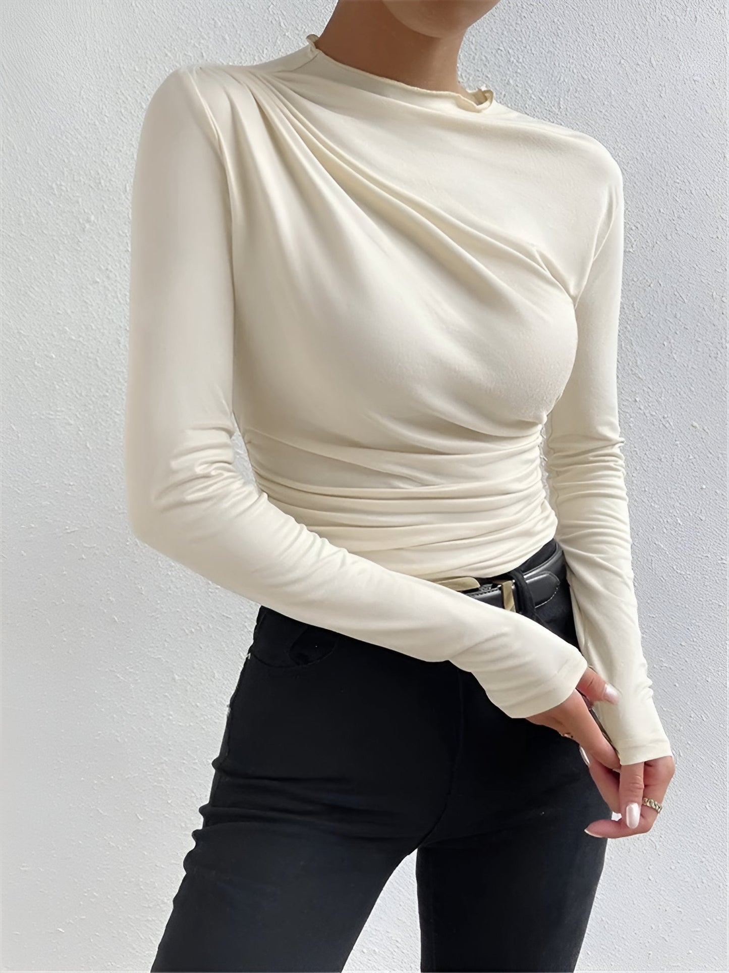 Solid Color Ruched Long Sleeves Slim Fit Blouse