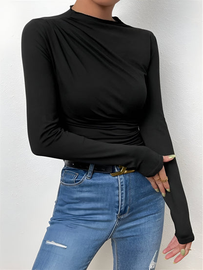 Solid Color Ruched Long Sleeves Slim Fit Blouse