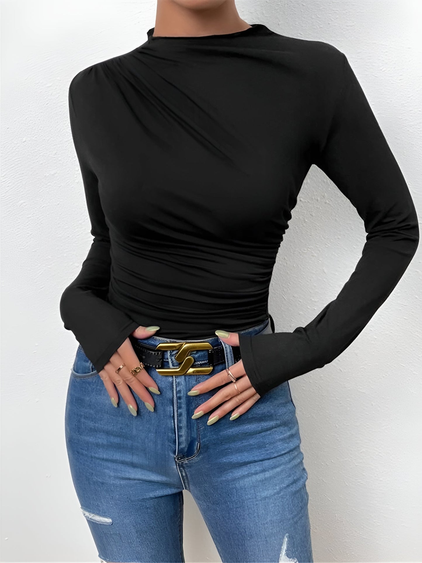 Solid Color Ruched Long Sleeves Slim Fit Blouse