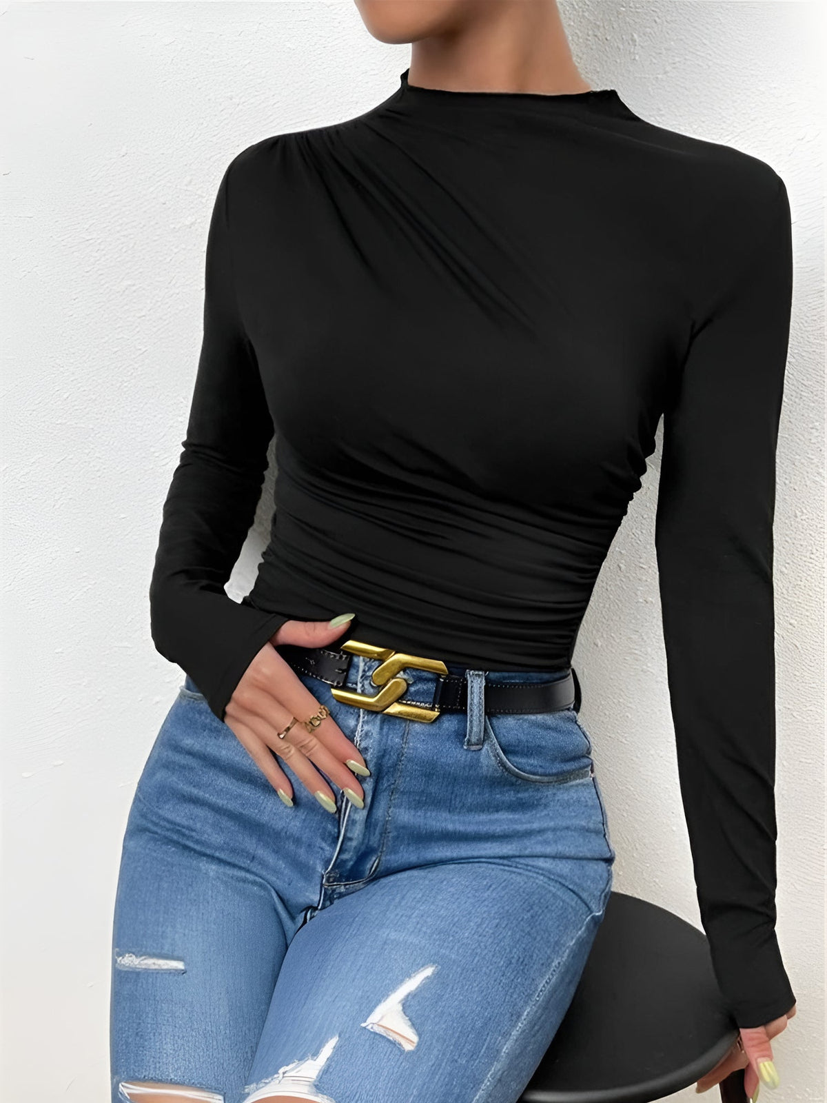Solid Color Ruched Long Sleeves Slim Fit Blouse