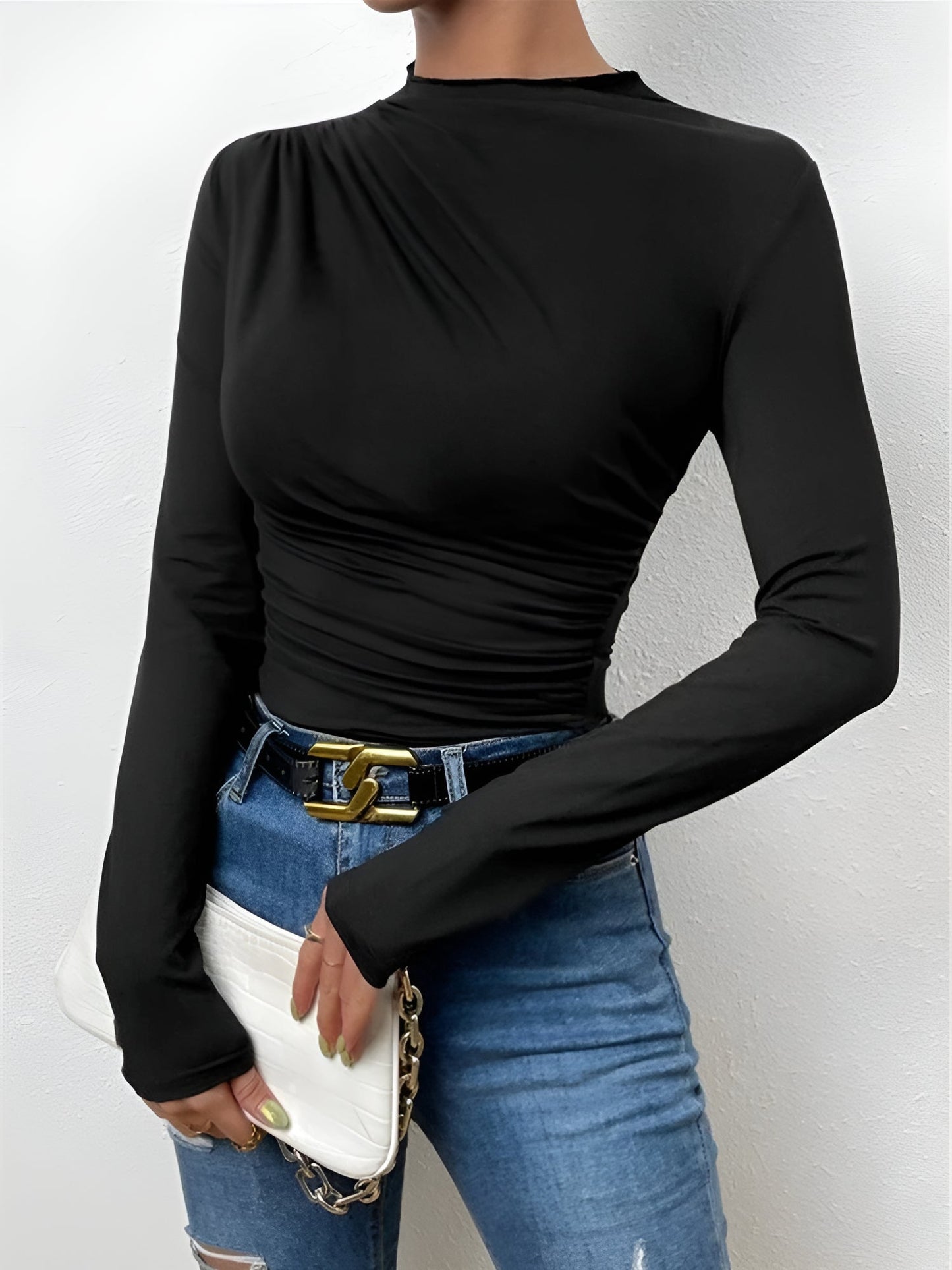 Solid Color Ruched Long Sleeves Slim Fit Blouse