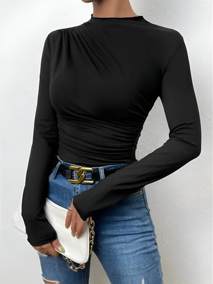 Solid Color Ruched Long Sleeves Slim Fit Blouse