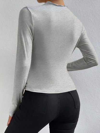 Solid Color Ruched Long Sleeves Slim Fit Blouse