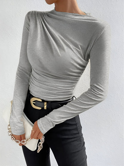 Solid Color Ruched Long Sleeves Slim Fit Blouse