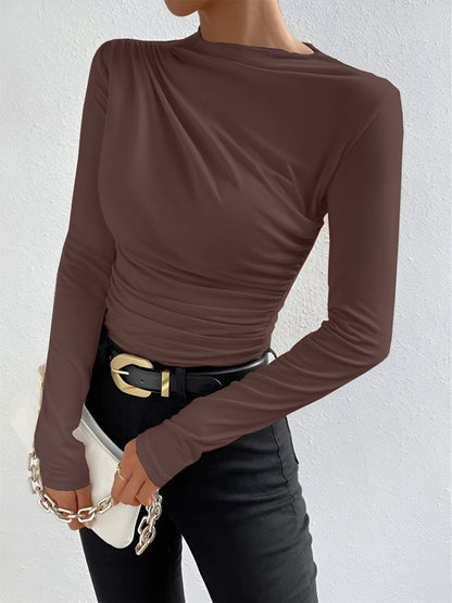 Solid Color Ruched Long Sleeves Slim Fit Blouse