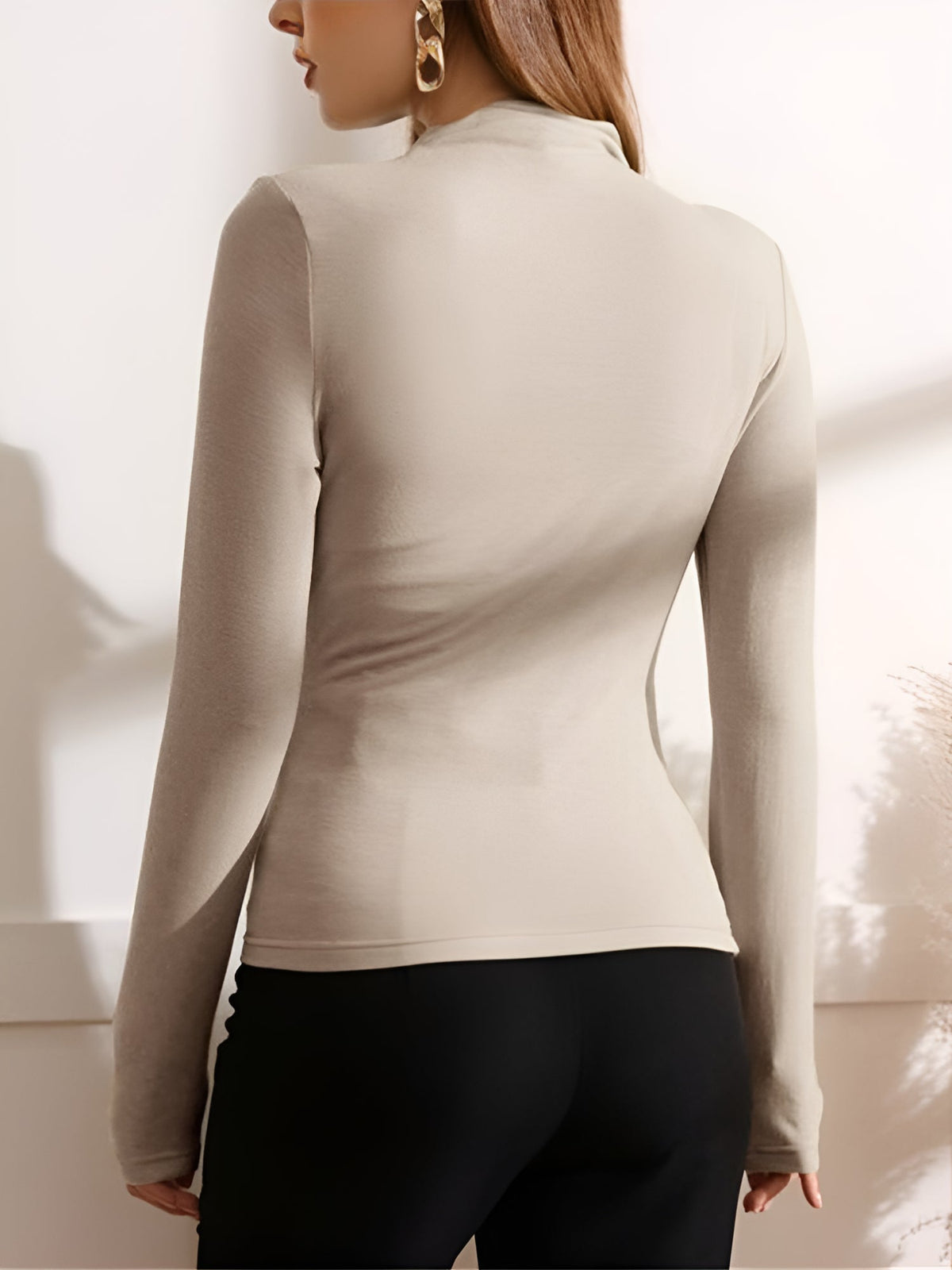 Ruched Mock Neck Long Sleeves Solid Color Blouse