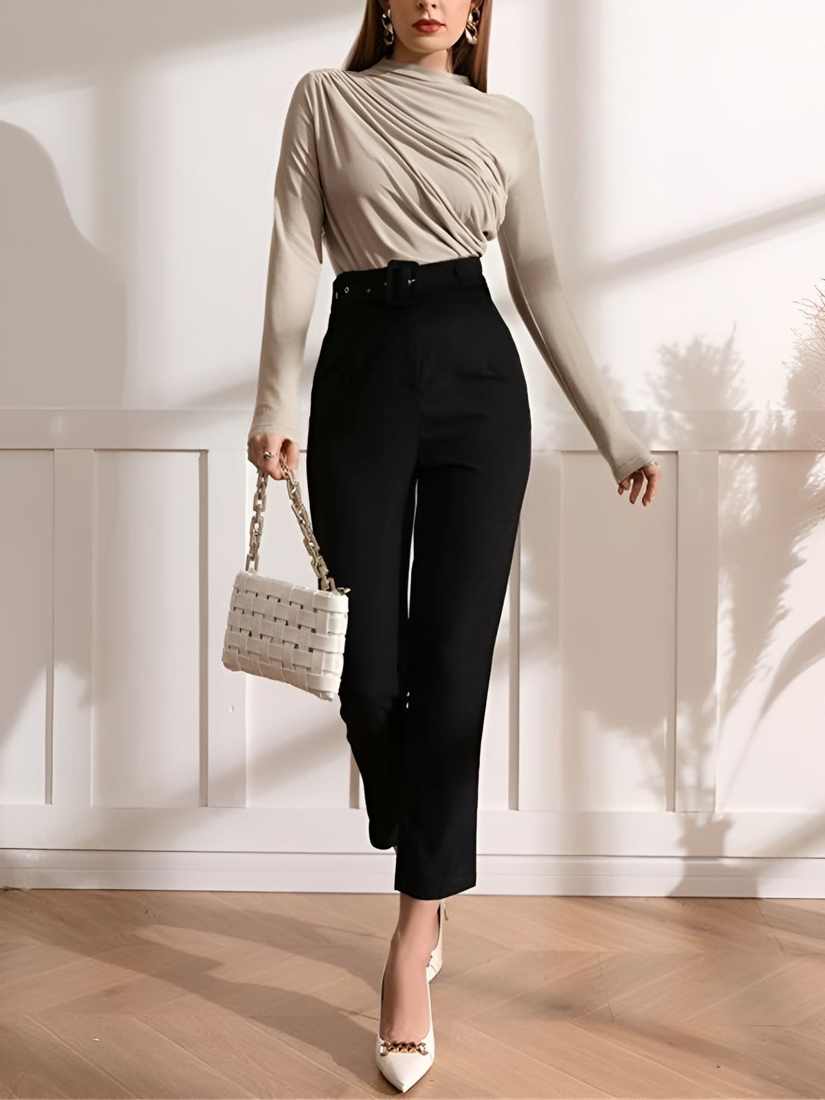 Ruched Mock Neck Long Sleeves Solid Color Blouse