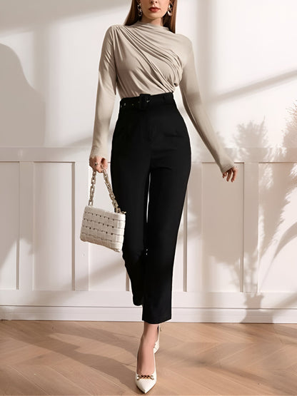 Ruched Mock Neck Long Sleeves Solid Color Blouse