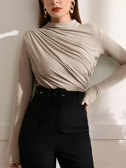 Ruched Mock Neck Long Sleeves Solid Color Blouse
