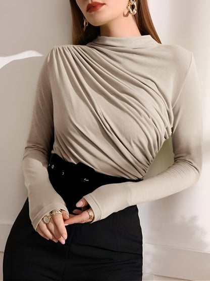 Ruched Mock Neck Long Sleeves Solid Color Blouse