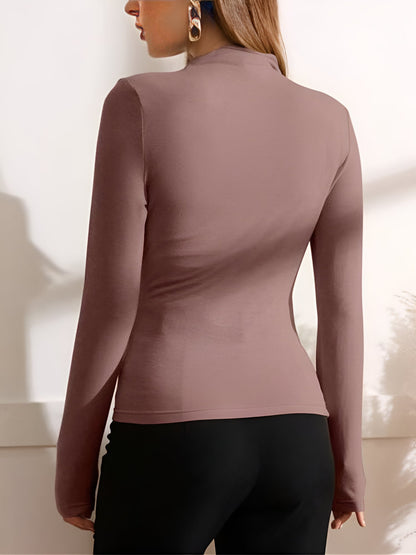 Ruched Mock Neck Long Sleeves Solid Color Blouse
