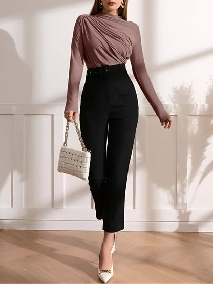 Ruched Mock Neck Long Sleeves Solid Color Blouse