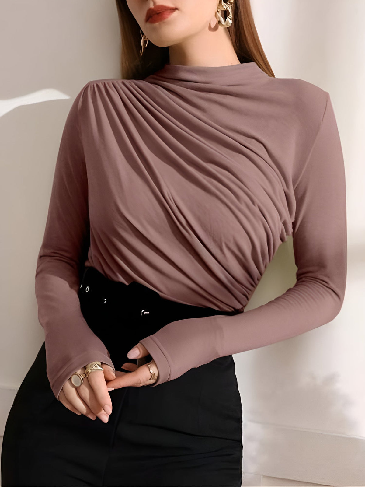 Ruched Mock Neck Long Sleeves Solid Color Blouse