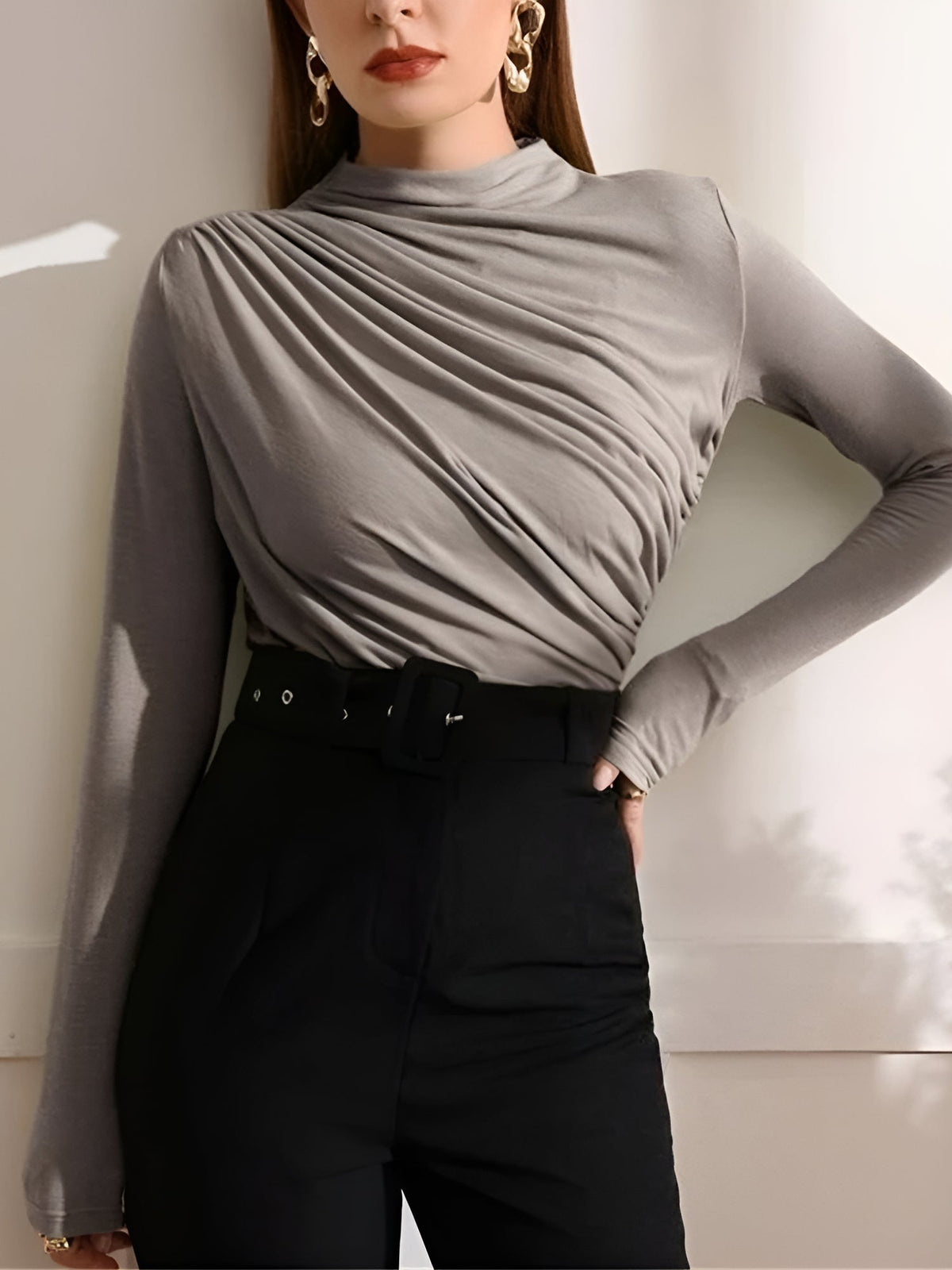 Ruched Mock Neck Long Sleeves Solid Color Blouse