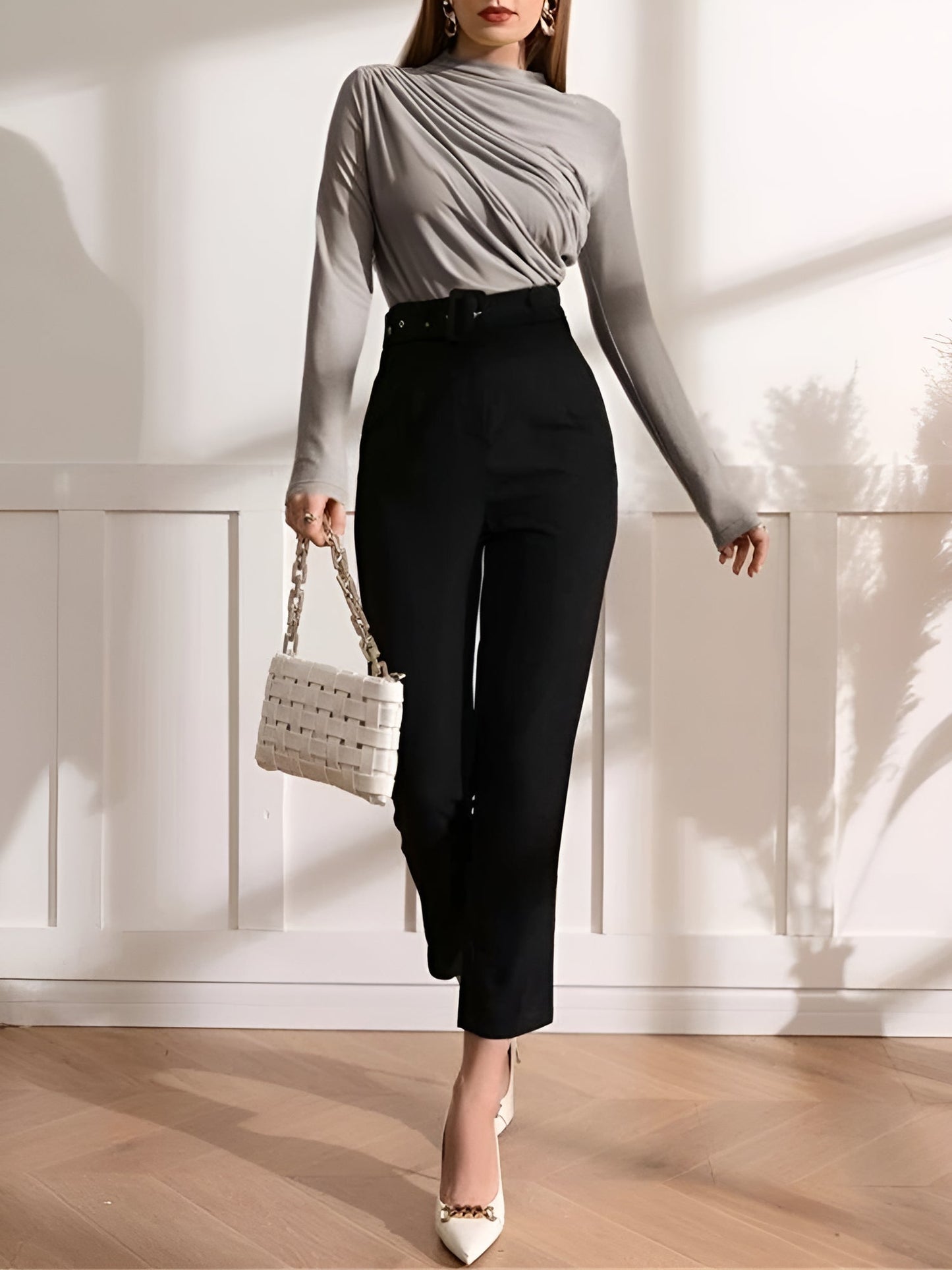 Ruched Mock Neck Long Sleeves Solid Color Blouse