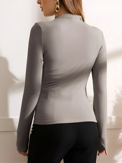 Ruched Mock Neck Long Sleeves Solid Color Blouse