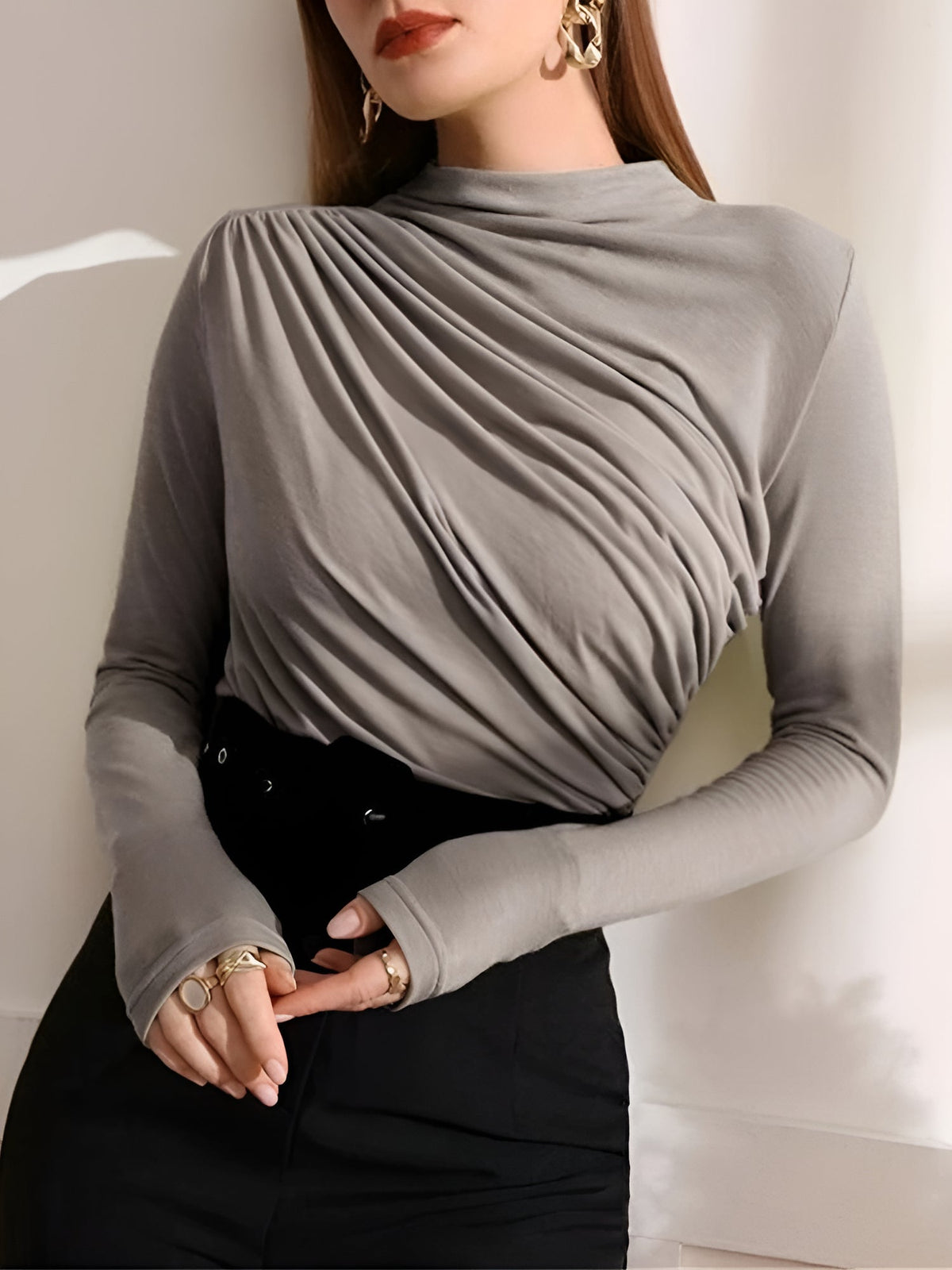 Ruched Mock Neck Long Sleeves Solid Color Blouse