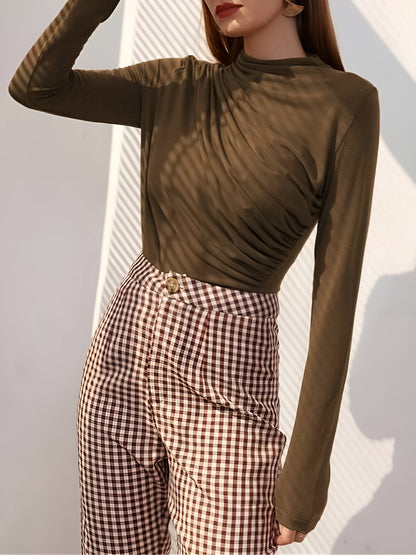Ruched Mock Neck Long Sleeves Solid Color Blouse