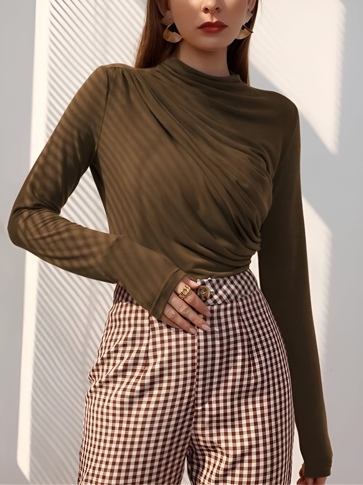Ruched Mock Neck Long Sleeves Solid Color Blouse