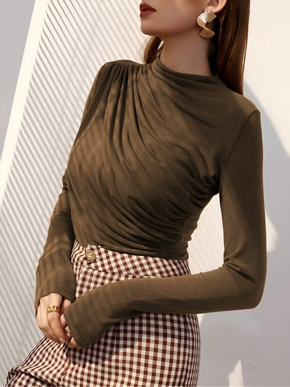 Ruched Mock Neck Long Sleeves Solid Color Blouse