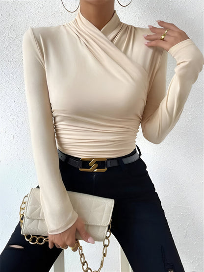 Solid Color Slim Fit Ruched Long Sleeves Blouse
