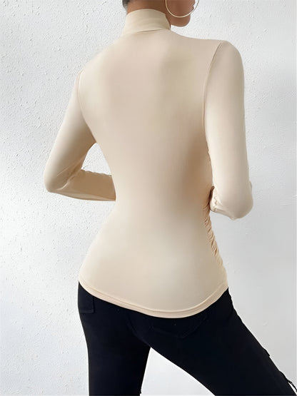 Solid Color Slim Fit Ruched Long Sleeves Blouse
