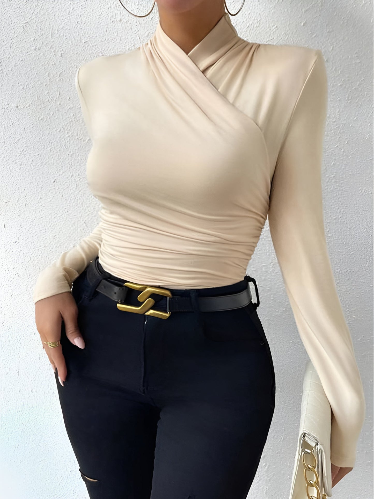 Solid Color Slim Fit Ruched Long Sleeves Blouse
