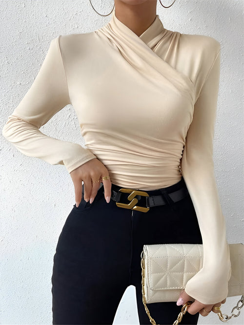Solid Color Slim Fit Ruched Long Sleeves Blouse