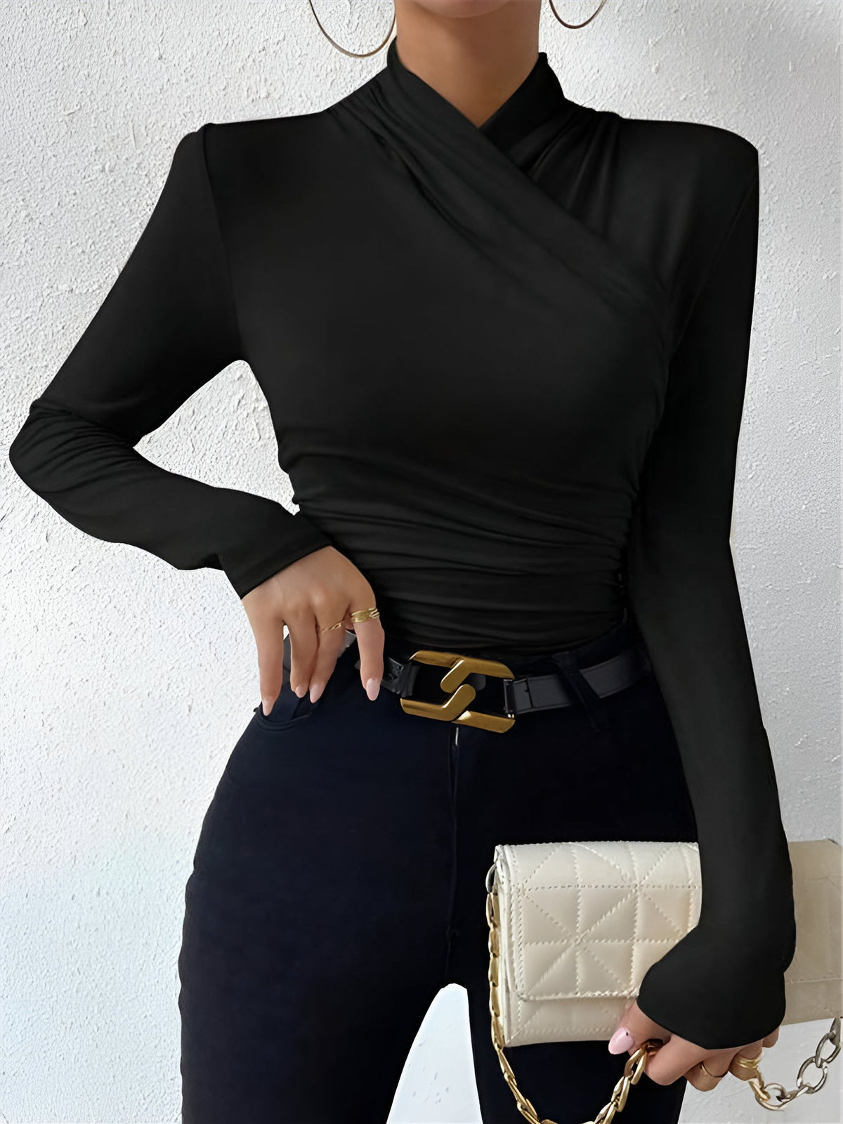 Solid Color Slim Fit Ruched Long Sleeves Blouse