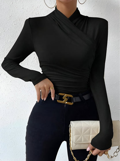 Solid Color Slim Fit Ruched Long Sleeves Blouse
