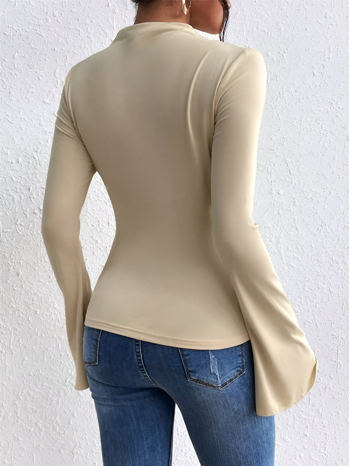 Solid Color Mock Neck Flared Sleeve Ruched Blouse