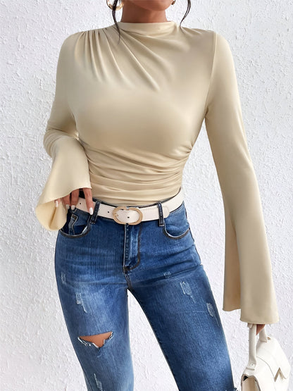 Solid Color Mock Neck Flared Sleeve Ruched Blouse