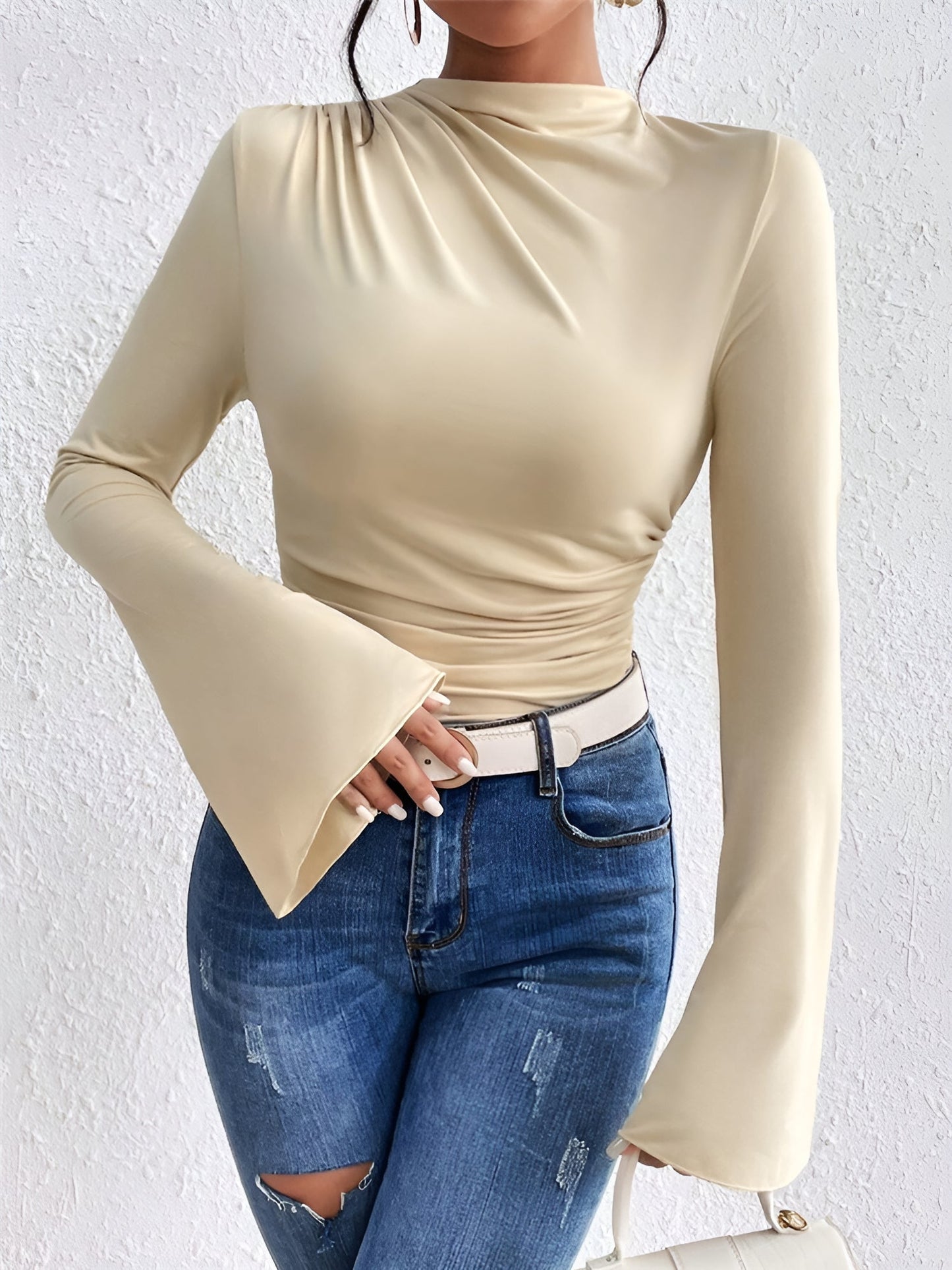 Solid Color Mock Neck Flared Sleeve Ruched Blouse